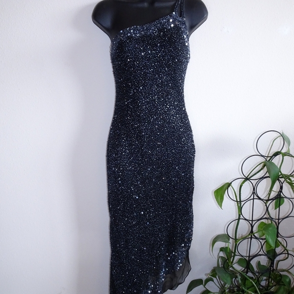 90s Vintage Black Asymmetrical Heavily Beaded Silk Gown by Scala - Picture 4 of 7